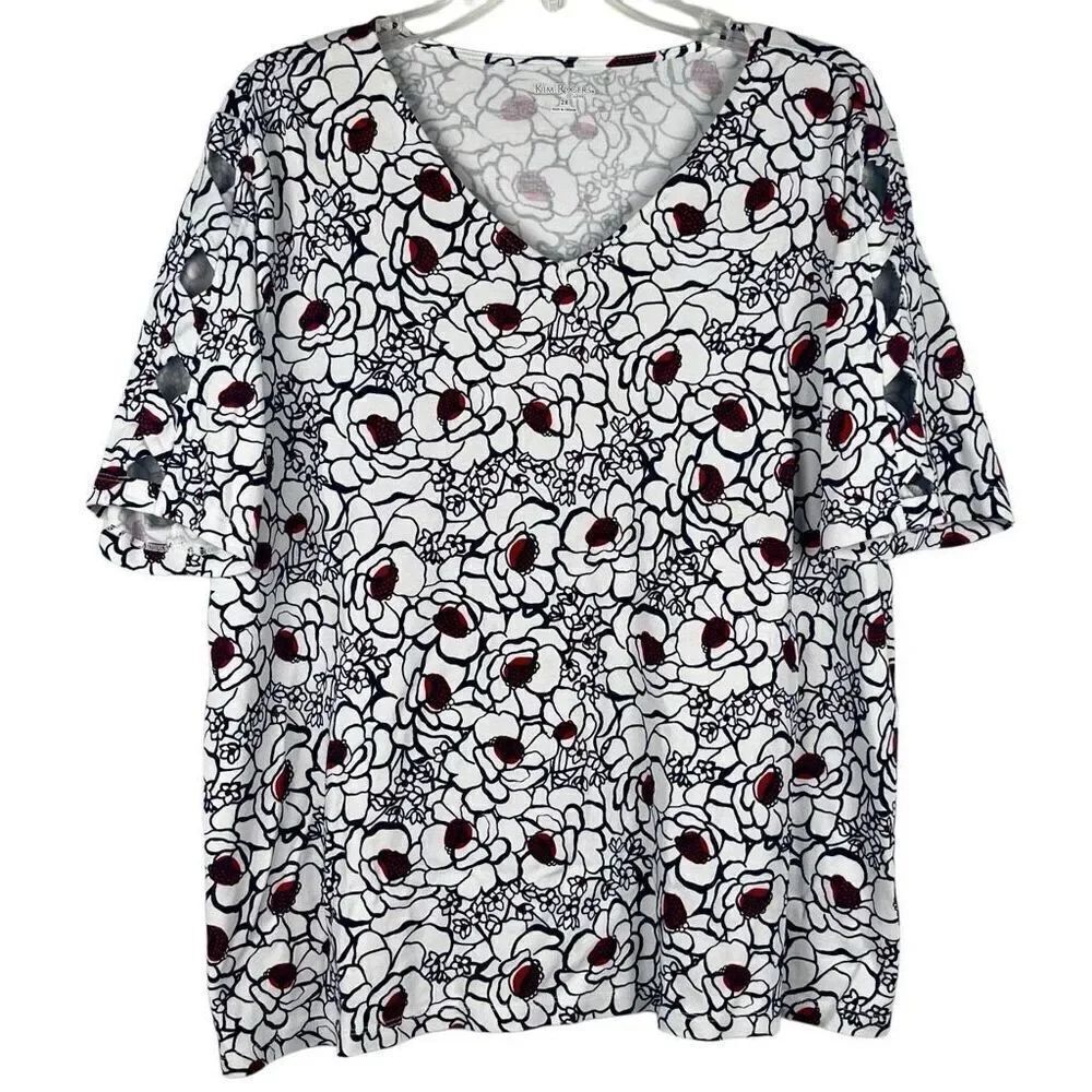 Kim Rogers Curvy Floral V-neck Short Sleeve Blouse 2X
